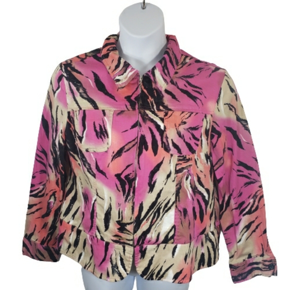 erin london Jackets & Blazers - Erin London Pink Tiger Striped Zip Front collared Jacket size XL